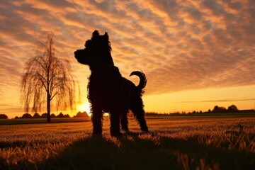 Wall Mural - silhouette of a dog at sunset in a grassy park