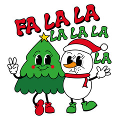 Wall Mural - Fa la la -  Happy winter illustration with Christmas tree and snowman. Funny retro Christmas greeting card with vintage cartoon tree character in groovy 70s retro style.