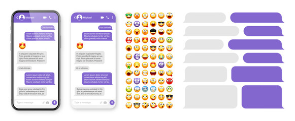 Smartphone messaging app, user interface design with emoji. SMS text frame. Chat screen with violet message bubbles. Texting app for communication. Social media application. Vector illustration