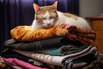 Poster - a cat napping on a pile of folded yoga blankets