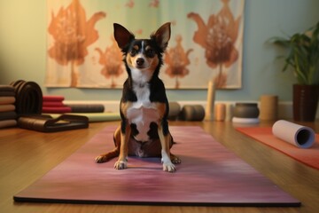 Wall Mural - a yoga mat with paw prints and a nearby playful dog