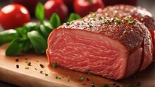 Smoked piece of red meat with seasonings on a wooden board, greens and tomatoes on a blurred background