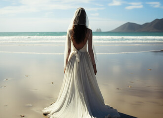 Wall Mural - Rear view, Beautiful girl wearing a white veil and a white dress on beach.