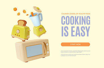 Poster - 3d Cooking is Easy Placard Poster Banner Card Template Cartoon Style Include of Smoothie in Blender, Microwave Oven and Toaster. Vector illustration of Culinary School of Healthy Food