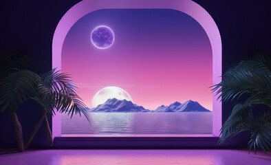 Canvas Print - Open window with tropical landscape and ocean in vaporwave style. Purple sundown in 90s style room, vacation calmness frame.