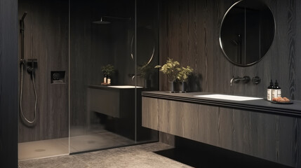 Wall Mural - Luxury villa minimalist black bathroom.