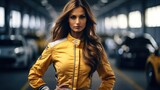 Fototapeta  - Woman in racing dress, Female motorsport car racer standing in race car track.