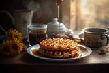 Fototapeta  - Sunny morning, golden waffles with honey and steaming coffee. ????, generative IA