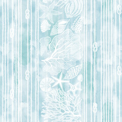 Wall Mural - Endless background on the marine theme on blue watercolor background.  Underwater plants,starfish, seashells, rope. Abstract vector illustration. 