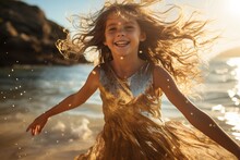 Girl Child In A Dress Walks Along The Beach ,along The Rocky Beach With Bare Feet