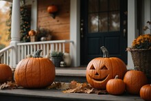 Front Door With Halloween Decorations And Pumpkins. AI Generated
