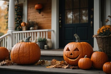 Front Door with Halloween Decorations and Pumpkins. AI generated