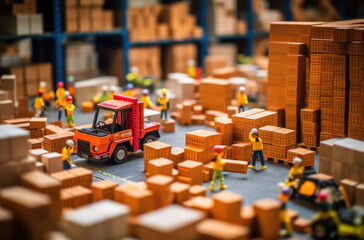 Tiny workers on a cargo with containers and trucks with soft focused effect,
 concept of busy shipping cargo port.