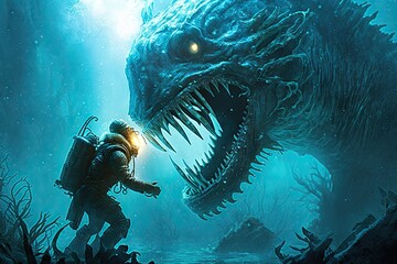 Wall Mural - Dinosaur and diver in deep water