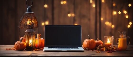 Laptop computer mock up white empty blank screen template Happy Halloween pumpkins decorations background, Thanksgiving digital online shopping website promo fall sale promotion offer ads, mockup.