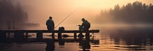Two Friends Fishing On A Pier In The Lake