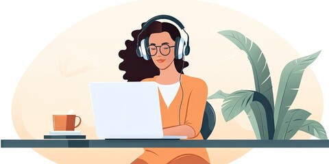 Wall Mural - 2D vector style cartoon illustration of a young latina woman wearing headphones and listening to music while working in the office on her laptop