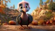 thanksgiving turkey in adorable cute kawaii modern 3D animation style. friendly and happy on a bright autumn day before the harvest