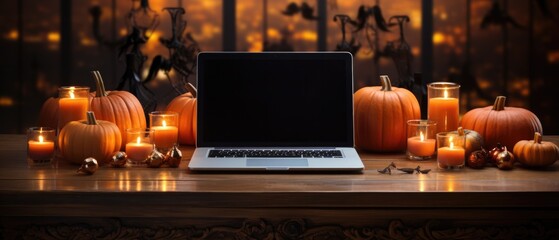 Laptop computer mock up white empty blank screen template Happy Halloween pumpkins decorations background, Thanksgiving digital online shopping website promo fall sale promotion offer ads, mockup.