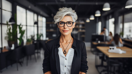 Middle aged businesswoman wearing black frame glasses, standing in front of an office.