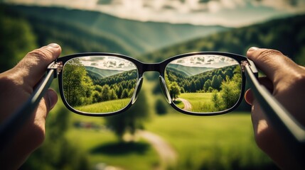 Sticker - glasses for vision against the background of the landscape.