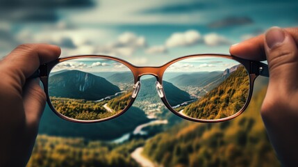 Canvas Print - glasses for vision against the background of the landscape.