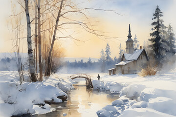 Wall Mural - Winter rural landscape. Frosty winter evening. Beautiful illustration in a watercolor style.