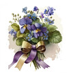 Bouquet of vintage violets tied with a bow.