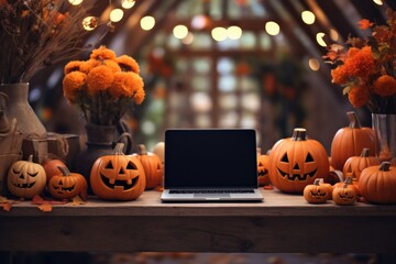 Laptop computer mock up white empty blank screen template Happy Halloween pumpkins decorations background, Thanksgiving digital online shopping website promo fall sale promotion offer ads, mockup.