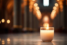 Closeup Of A Burning Candel In A Church. Blurred, Bokeh Background. All Saints Day Celebration. Ai Generated