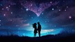 Couple with stars in the sky silhouetted together on a grassland, happy anniversary wallpaper with copy space for text