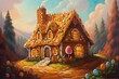 Oil painting of Hansel and Gretel's gingerbread house on a fairytale background, ideal for children's illustrations. Generative AI