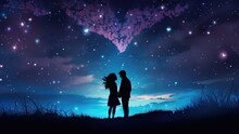 Couple With Stars In The Sky Silhouetted Together On A Grassland, Happy Anniversary Wallpaper With Copy Space For Text