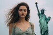 Photography in the style of pensive portraiture of a cheerful girl in his 20s wearing a lace bralette in front of the statue of liberty in new york usa. With generative AI technology