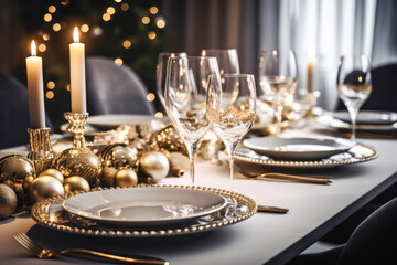 Christmas dinner table setting with Christmas decorations, balls, glasses and plates.