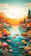 Fish In Lake In The Woods Paper Cut Phone Wallpaper Background Illustration