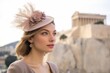 © Markus Schröder - Medium shot portrait photography of a jovial girl in her 30s wearing a fancy fascinator in front of the acropolis in athens greece. With generative AI technology