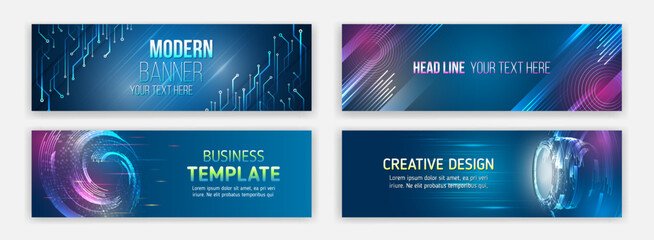 Leinwandbilder - Modern hi-tech design for websites and social networks. Technology, medicine, science, engineering, artificial intelligence. High-tech computers concept. Futuristic banner template set.