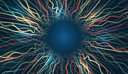 Fototapete - Futuristic network or business analytics. Structuring the flow of information. Data analytics concept. Sorting a large amount of data on a dark background. Big data visualization.
