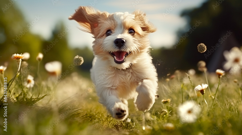 dog running in the grass desktop wallpaper Stock Photo | Adobe Stock