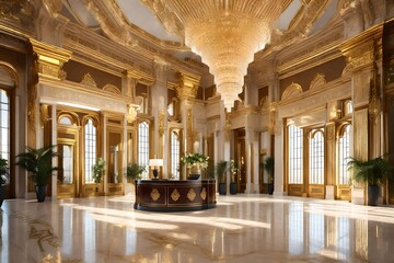 Wall Mural - Step into a world of unparalleled luxury as you behold this breath-taking super realistic 3D of a luxury hotel reception lobby