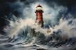 A representation of a lighthouse amidst crashing ocean waves, painted in mixed media. Generative AI