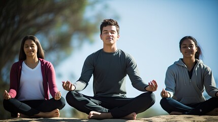 Young multicultural group of people practicing meditation on yoga mat outdoors, smiling to camera.