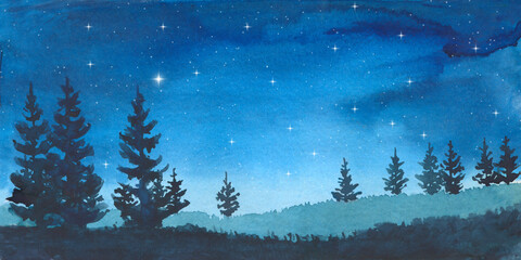 Wall Mural - watercolor landscape with night sky, spruce trees, stars and field
