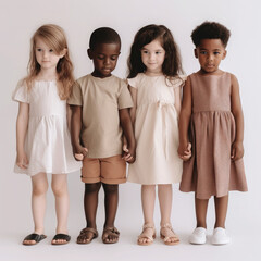 Generative AI, children of different races and nationalities hold hands on a white background, diversity, friendship, european, black, asian, kids, kindergarten, child, friends, team