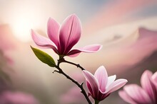 Pink Spring Magnolia Flowers On A Single Branch