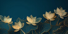 Golden Lotus Line Arts On Dark Blue Background Luxury Gold Wallpaper Design Wedding Background