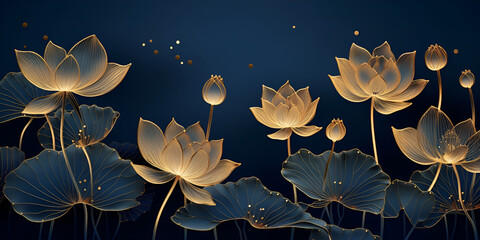 Wall Mural - Golden lotus line arts on dark blue background luxury gold wallpaper design wedding background