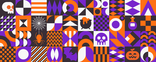 Halloween geometric holiday background. Memphis style greeting card.