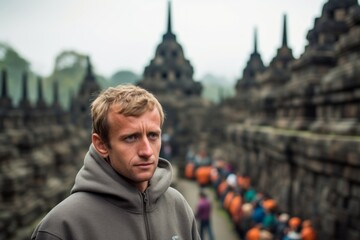 Poster - Photography in the style of pensive portraiture of a merry boy in his 30s wearing a comfy fleece pullover at the borobudur temple in magelang indonesia. With generative AI technology